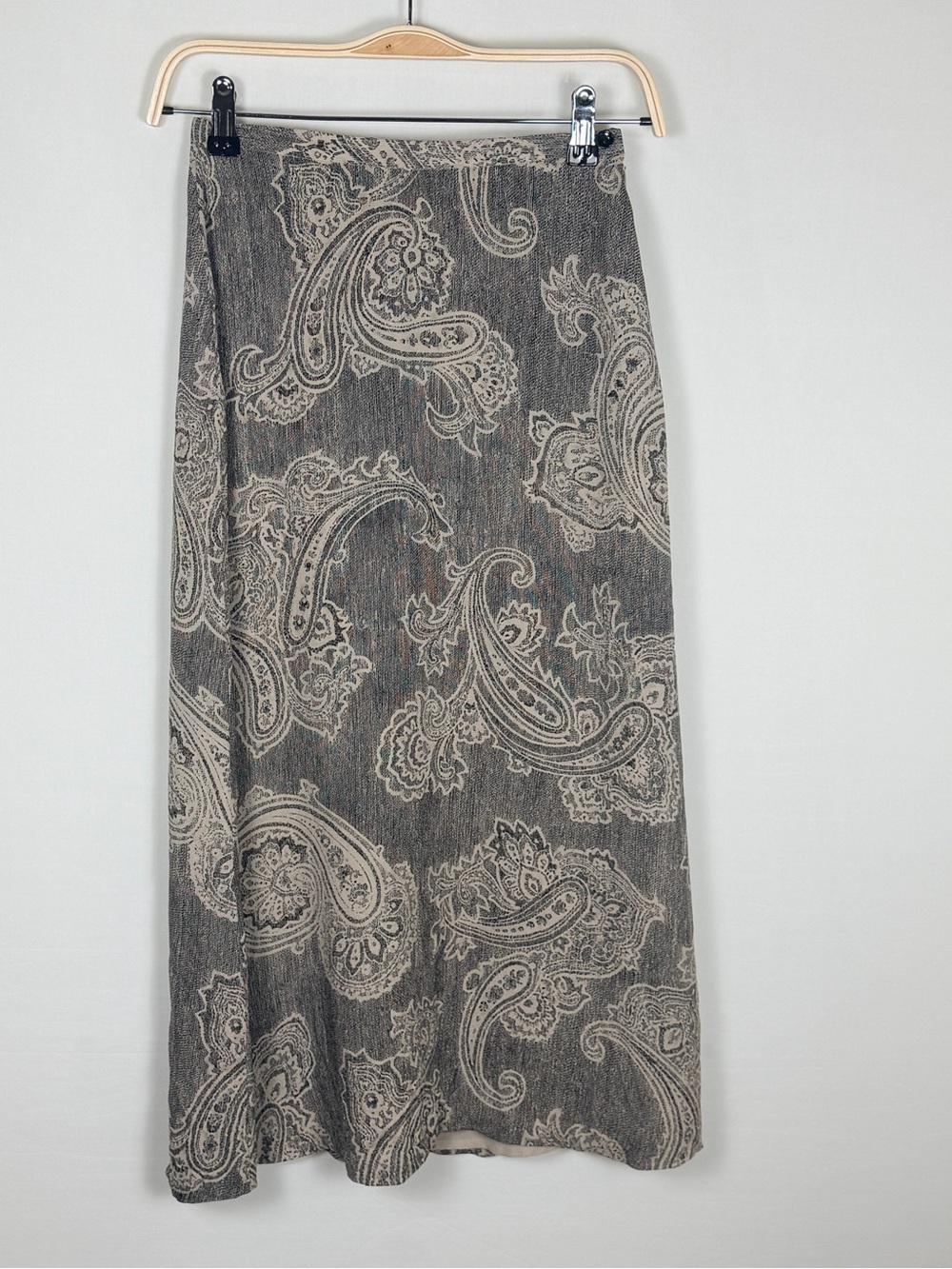 Jones New York 100% Silk Paisley Midi Skirt Petite 2P Brown Beige Bias Cut